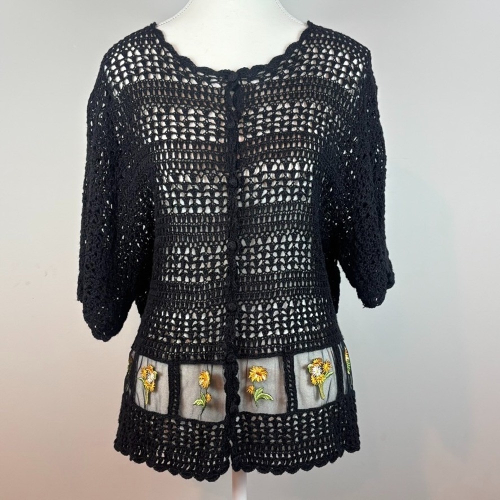 Vintage Dress Barn Open Knit Crochet Womens Cardigan Cottagecore Fairy Flower 14